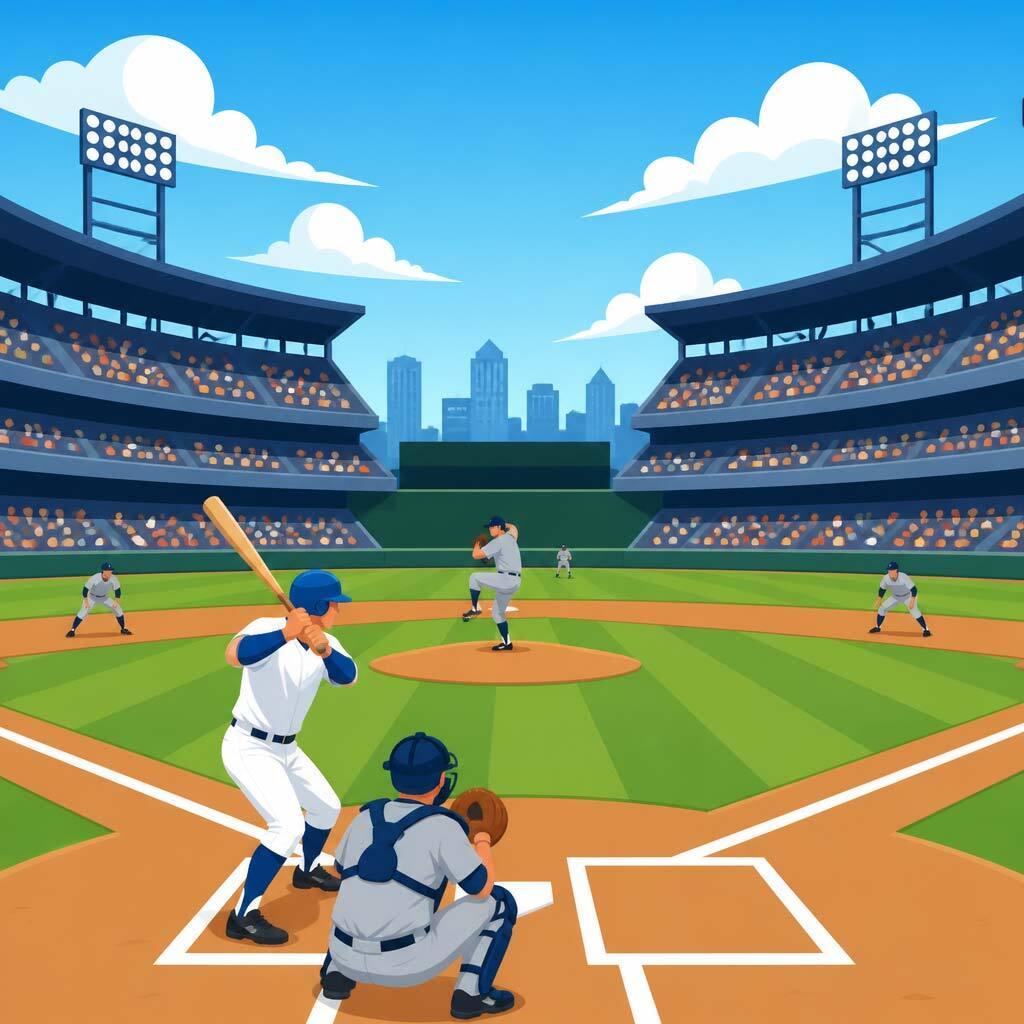 Illustrated baseball stadium viewed from home plate
