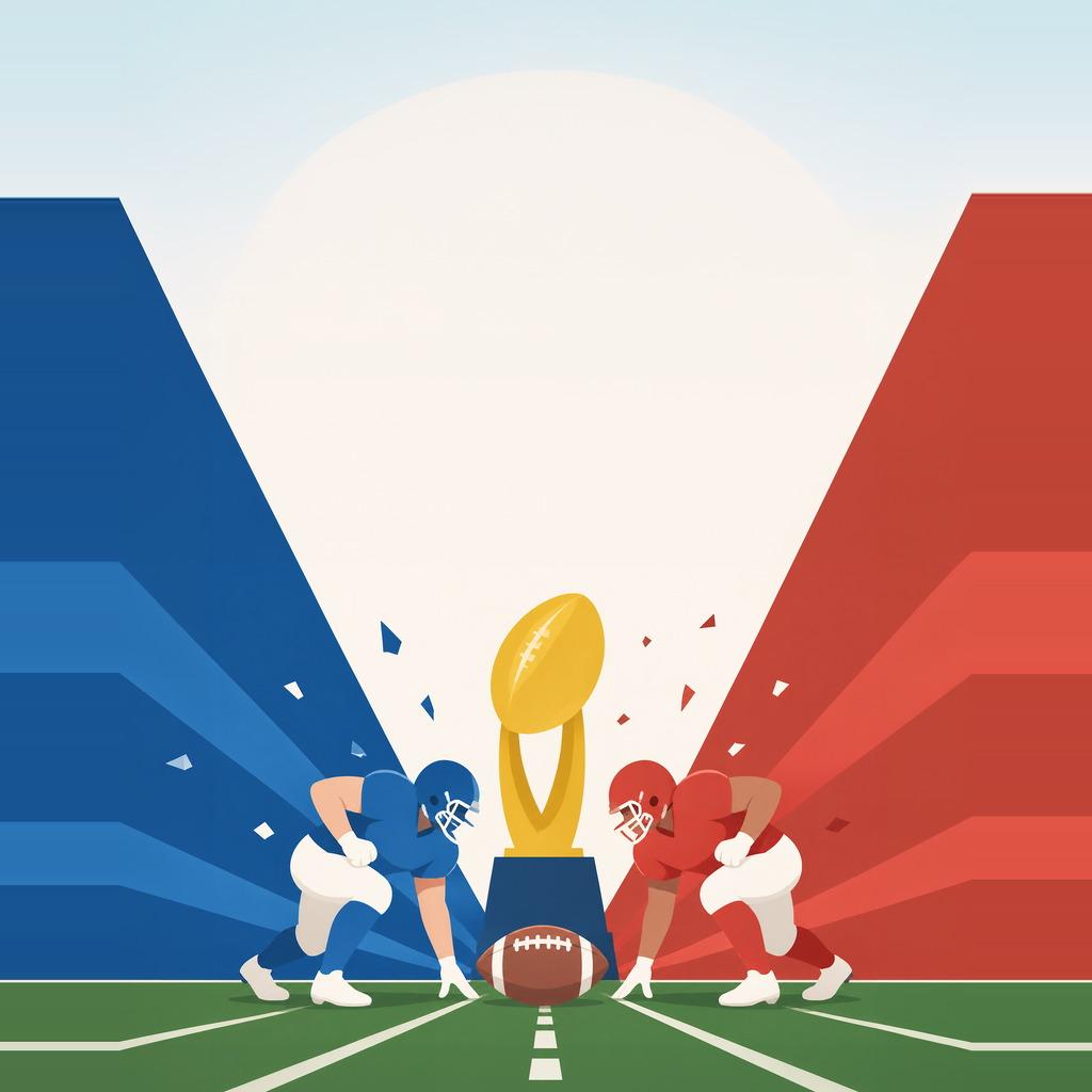 Illustrated football players facing off over a championship trophy on a stadium field