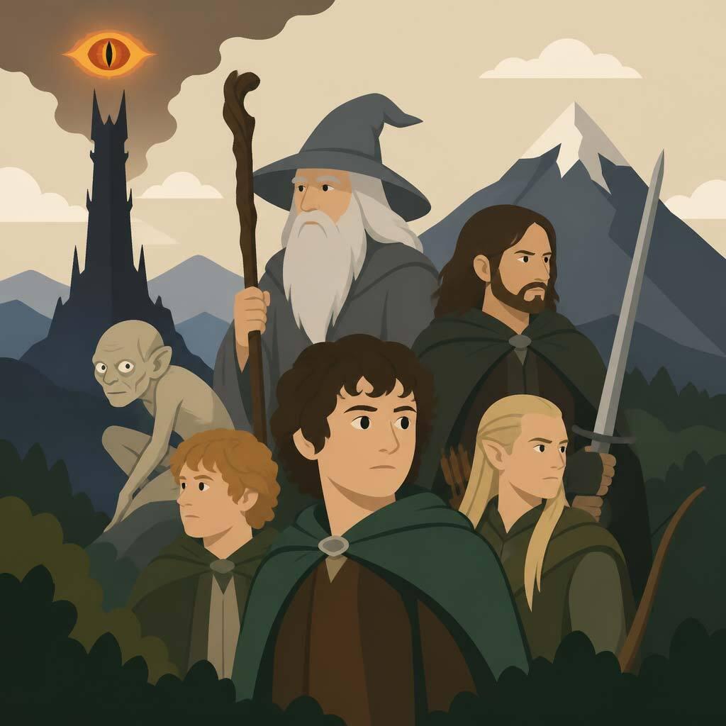 Illustrated Lord of the Rings characters with Mount Doom and Barad-dûr