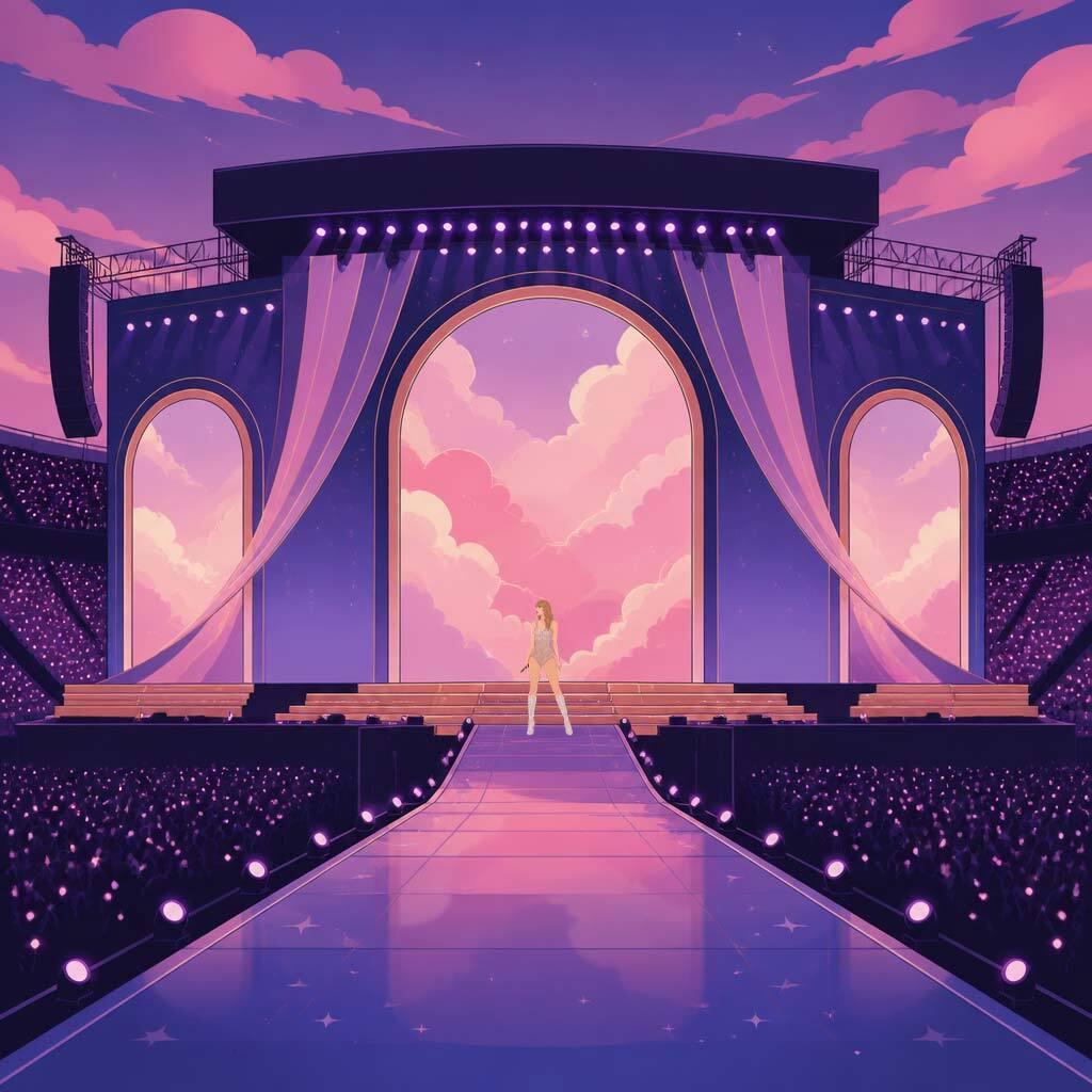 Illustrated Eras Tour stadium stage with purple runway and crowd lights