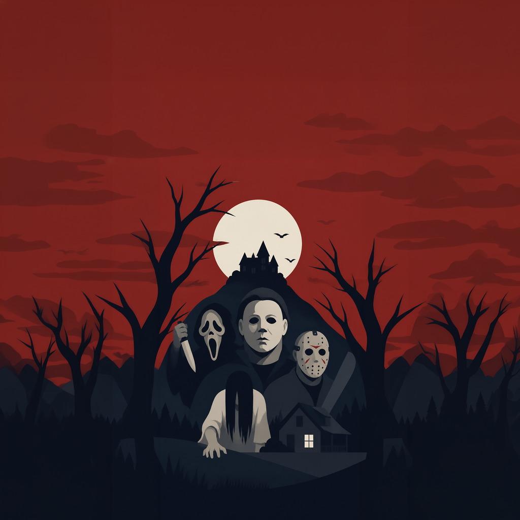 Illustrated horror movie villains under a blood-red sky and full moon