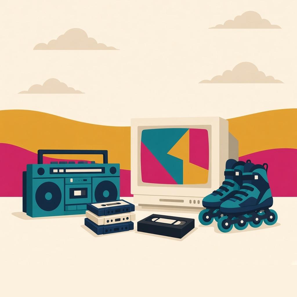 Illustrated 1990s still life with a boombox, cassette tapes, a CRT television, a VHS tape, and rollerblades