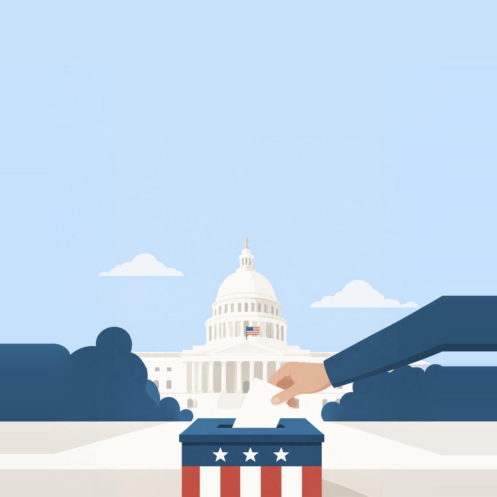 Illustrated U.S. Capitol with a hand placing a ballot into a stars-and-stripes ballot box